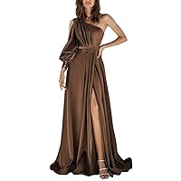 One Shoulder Satin Prom Dress Long Sleeve Pleated A Line Formal Evening Gowns with Slit