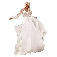 Romantic Leafs Lace Wedding Dress with Bishop Sleeves Sexy See Through Dress for Bride