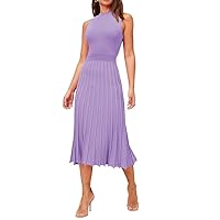 Women's Crew Neck Sleeveless High Waisted Bodycon Pleated Ribbed Swing Knit Midi Dresses