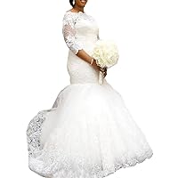 Women's Sequins 3/4 Sleeves Lace Beach Mermaid Wedding Dresses for Bride Train Bridal Gowns Plus Size