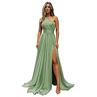 Women's Chiffon Bridesmaid Dresses Long with Slit Ruched One Shoulder Prom Dresses A Line Formal Evening Party Gown