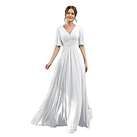 A-Line V-Neck Half Sleeves Bridesmaid Dress for Wedding Guest Long Chiffon Formal Party Dresses with Slit