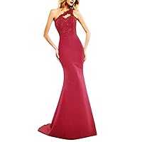 Women's Burgundy Mermaid Long Bridesmaid Dresses Sexy One Shoulder Appliqued Evening Gown