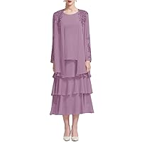 A-Line Elegant Mother of The Bride Dress Scoop Neck Long Sleeves Tea Length Chiffon Wedding Guest Dress 2024