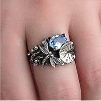 YAYAYOUYOU Women's Vintage 925 Silver Thai Silver Blue Topaz Lotus Leaf Dragonfly Rings Wedding Party Jewelry Gift
