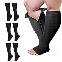 3 Packs Plus Size Compression Socks with Zipper, Knee High 15-20 mmHg for Women Men, Open Toe Support Socks for Veins
