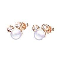 Women Girls Mouse Stud Earrings, Rose Gold Plated 925 Sterling Silver Cubic Zirconia 7mm Pearls Mouse Stud Earrings Jewellery Gift For Girls Child