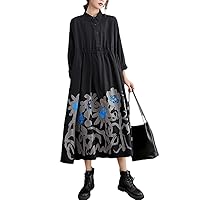 Black Vintage Print Shirt Dresses for Women Long Sleeve Loose Casual Midi Dress Elegant Clothing Spring Autumn
