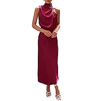 PRETTYGARDEN Women's 2024 Summer Satin Dress Elegant Sleeveless Mock Neck Cocktail Party Maxi Dresses