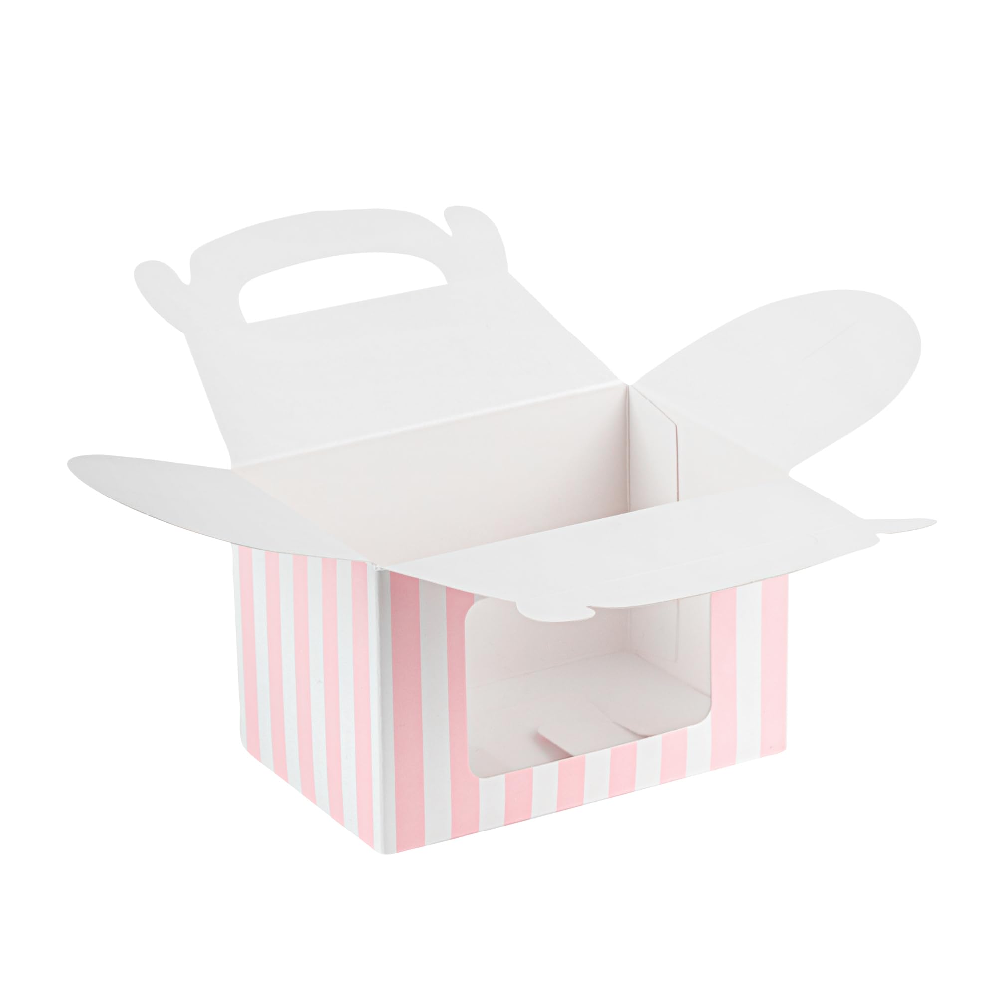 Bio Tek 6 x 3.5 x 6.5 Inch Gable Boxes For Party Favors, 25 Durable Gift Treat Boxes - Striped Pattern, Pink And White Paper Barn Boxes, Clear PET Window, With Built-In Handle - Restaurantware