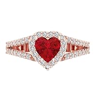 Clara Pucci 1.69ct Heart Cut Solitaire Halo split shank Simulated Red Ruby Designer Wedding Anniversary Bridal Ring 14k Rose Gold
