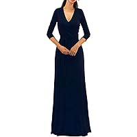 Vivicastle Women's USA Solid V-Neck 3/4 Sleeve Faux Wrap Waist Long Maxi Dress
