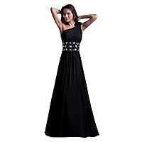 Black Chiffon One Shoulder Beaded Prom Dress With Flower Strap