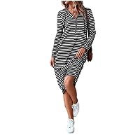 Half Zipper Long Hoodie Dress Drawstring Slim Fit Striped Hooded Dress Casual Women Midi Dress