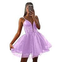 Glitter Tulle Homecoming Dresses for Teens Short Lace Prom Dress V Neck Ball Gown Puffy Mini Cocktail Party Dresses