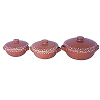 Handcrafted Stoneware Ceramic Serving Donga/Casserole (Brown Terracotta) Combo (1 Large, 1 Medium, 1 Small) Set of 3