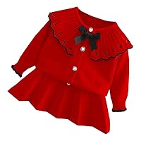 FYMNSI Toddler Baby Girls Sweater Outfit Knitted Buttons Tops Mini Skirt Bowknot Ruffle Long Sleeve Fall Winter Clothes Set
