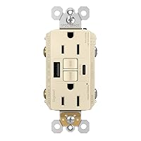 Legrand Radiant 1597TRUSBACLA 15 Amp GFCI Self Test Tamper Resistant Decorator Duplex Outlet with USB Type A and C, Light Almond (1 Count)