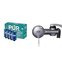 PUR PLUS Mineral Core Faucet Mount Water Filter Replacement (4 Pack) & PLUS Faucet Mount Water Filtration System, Metallic Grey – Horizontal Faucet Mount for Crisp, Refreshing Water, PFM350V