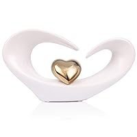 Ceramic Heart Sculpture in White & Gold - Elegant Table Centerpiece for Dining, Home Office & Bedroom Decor - Decorative Heart Art Statue (B-White Gold)