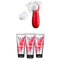 Facial Cleansing Brush by Olay Regenerist, Face Exfoliator with 2 Brush Heads with Olay Regenerist Regenerating Cream Cleanser Face Wash, 5 Oz, Pack of 3, (Packaging May Vary)