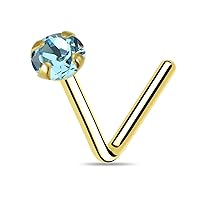 9K Solid Yellow Gold Prong Set Genuine Crystals Stone 22 Gauge L-Shape Nose Stud Jewelry