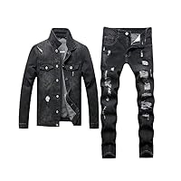 Men's Black Ripped Hole Jeans Sets Summer Autumn Men Casual Denim Jacket And Multi-Hole Pants