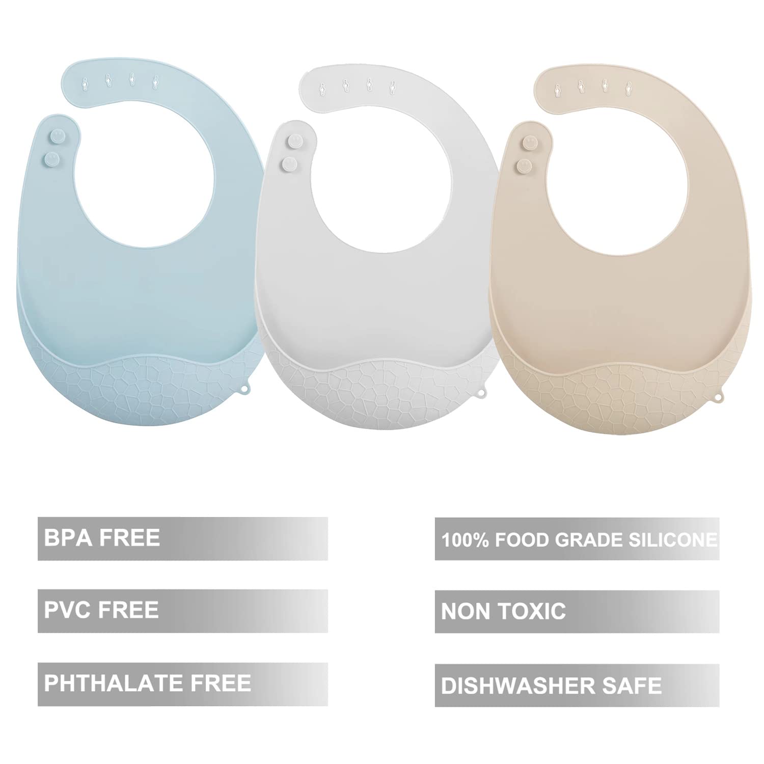 PandaEar 3 Pack Super Light Silicone Baby Bibs for Boys Girls| Waterproof Baby Bibs with Pocket Food Catcher, Soft Adjustable Silicone Feeding Bibs