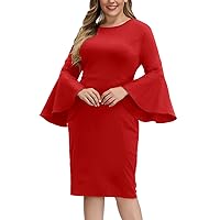 Women's 3/4 Sleeve Bodycon Fashion Midi Crew Neck Fitted Pencil Dress Red 20W
