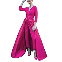 VeraQueen Women's V Neck 3/4 Long Sleeves Satin Jumpsuits with Detachable Skirt