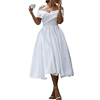 A-Line Simplicity Reception Dresses Off Shoulder Cap Sleeve Tea Length Wedding Dress with Sashes Appliques 2024