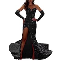 Sequin Mermaid Evening Dresses with Sleeves Detachable Sparkly Prom Dresses with Slit Homecoming Dresses Long