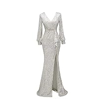 Glittery Sequined Fabric Mermaid Long Prom Evening Formal Party Dreses with Poiet Sleeves Slits 2024