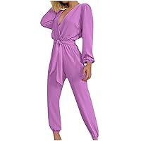 Womens 2023 Fall Jumpsuit Dressy Lace Up High Waist Long Rompers Sexy Casual V Neck Pants Trendy Onesie Tracksuit