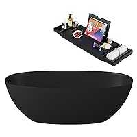 65'' Freestanding Solid Surface Resin Stone Bathtub (Black) with Expandable Bamboo Bathtub Caddy Tray