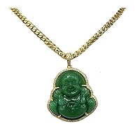 Iced Laughing Buddha Green Jade Pendant Necklace Miami Cuban Link 6mm Chain Genuine Certified Grade A Jadeite Jade Hand Crafted, Jade Neckalce, 14k Gold Filled Laughing Jade Buddha Necklace