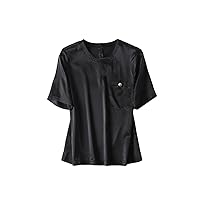 Women Solid 92% Silk 8% Spandex T Shirt Summer Simple Short Sleeveo Neck Pocket Tee Top
