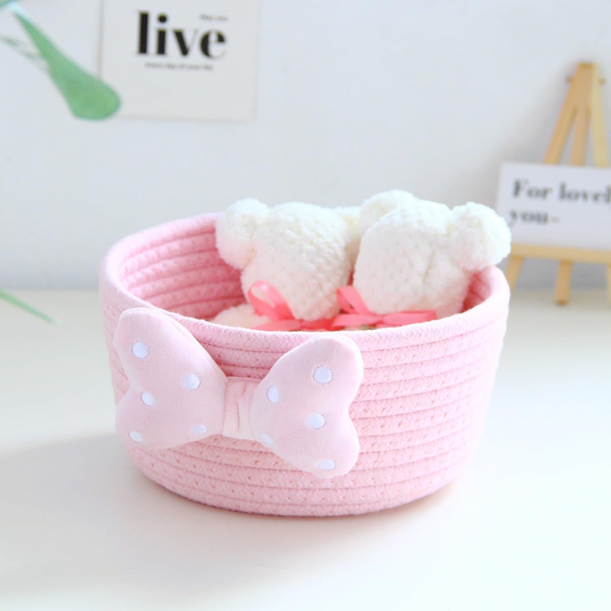 Kamuavni Decorative Storage Baskets Cartoon Woven Baskets for Home Decor and Organizing Small Shelf Baskets for Gilrs/Women Makeup Storage Basket -2 Pack,Pink
