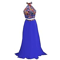 High Neck Halter Long Prom Homecoming Dresses 2 Two Piece Coloful Flower Embroidered Aline