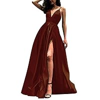 VeraQueen Women's Deep V Neck Satin Prom Dress Spaghetti Straps Long Ball Gown Coffee