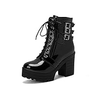 Womens Fashion Platform Chunky Heel Patent Leather Boots Buckled Ankle High Booties