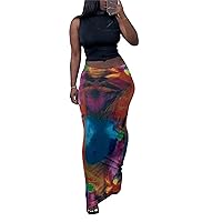 LROSEY Bodycon Painting Maxi Skirts for Women Fall Sexy Slim Tie Dye Ruched Low Waist Mermaid Long Skirt