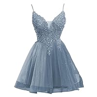 Women's Lace Appliques Homecoming Dresses for Teens Tulle Spaghetti Strap Short Prom Dress A Line Cocktail Dress