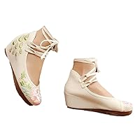 Summer Autumn Women High Heel Ankle Strap Wedges Ladies Ethnic Flower Embroidery Platform Shoes Pumps Vintage White Ankle Strap 8.5