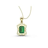 3 Ctw Emerald Cut Natural Zambian Emerald And Diamond Necklace In 14k Solid Gold For Girls And Women Diamond 0.08 Ctw