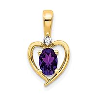 Solid 14k Yellow Gold Amethyst and Diamond Heart Pendant - 17mm