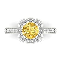 1.33ct Round Cut Halo Solitaire Canary Yellow Simulated Diamond designer Modern Statement with accent Ring 14k White Gold