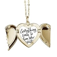 Everything Comes to Him Who Waits Quote Folded Wings Peach Heart Pendant Necklace, ys/m