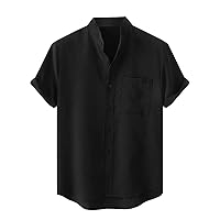 Mens Cotton Linen Shirts Summer Lightweight Comfy Short Sleeve Stand Collar Solid Color Casual Button Down Shirt