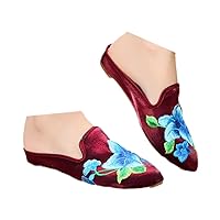 Chinese Embroidered Women Cotton Flat Mules Slippers Pointed Toe Summer Ladies Casual Comfort Embroidery Shoes